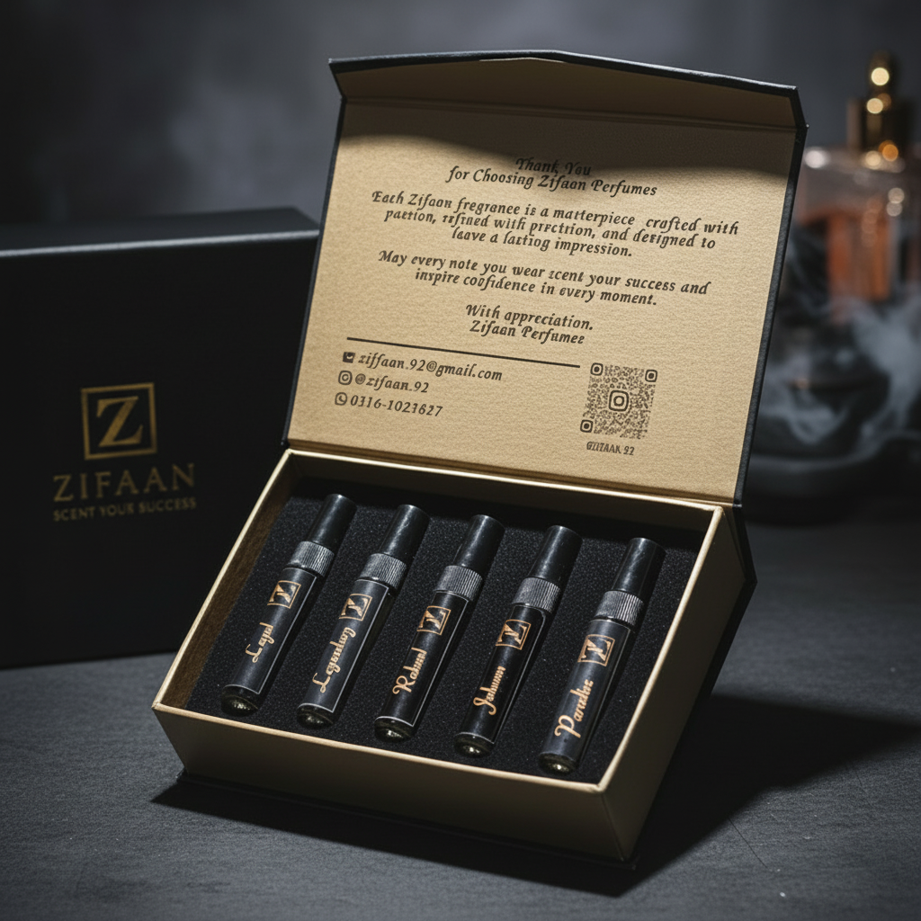 Set of Zifan perfume bottles in an open box with branded packaging.