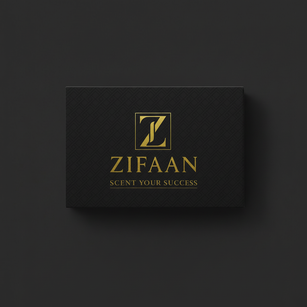 Black box with gold text and logo on a dark background