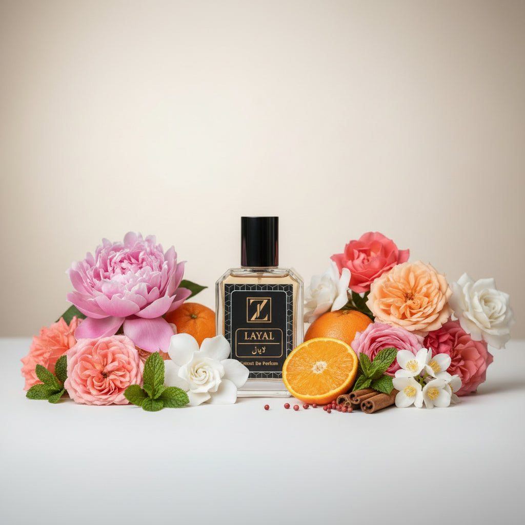 Perfume bottle labeled 'LAYAL' surrounded by flowers and oranges on a wooden surface with a blurred natural background.