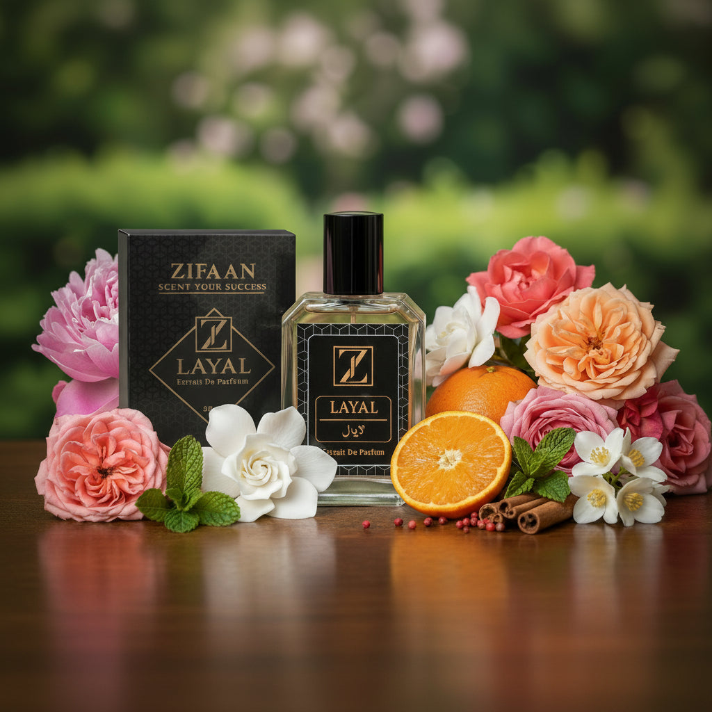 Perfume bottle labeled 'LAYAL' with flowers and oranges on a wooden surface